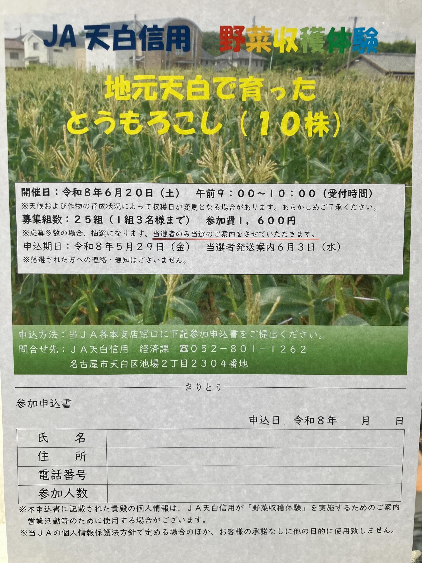 .
🌽収穫体験のご案内🌽

いつもご来店、誠にありがとうございます🙇‍♀️

今年も、とうもろこしの収穫体験を行います❗️
グリーンセンターにもチラシを置いていますので、ご来店時にお持ち帰りください。受付は随時行なっております。
皆様の参加をお待ちしております🙇‍♀️😊